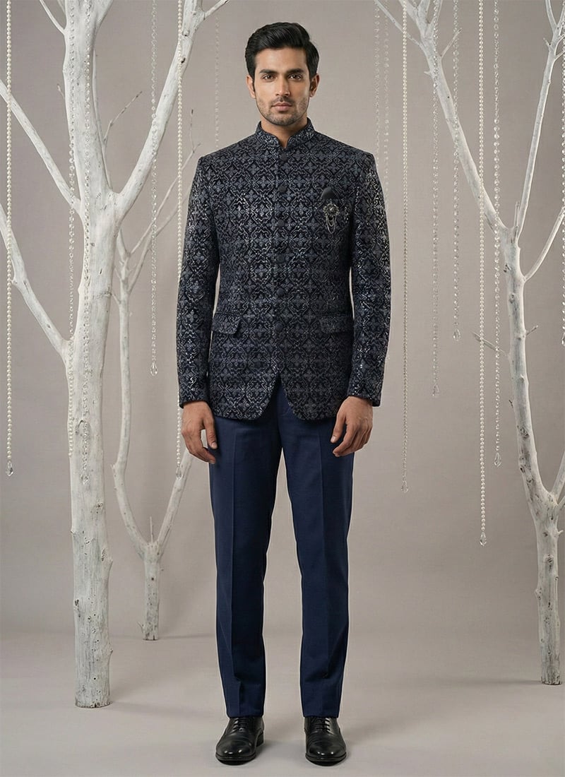 Graceful Navy Blue Velvet Embroidered Thread Bandhgala Suit Wedding Wear
