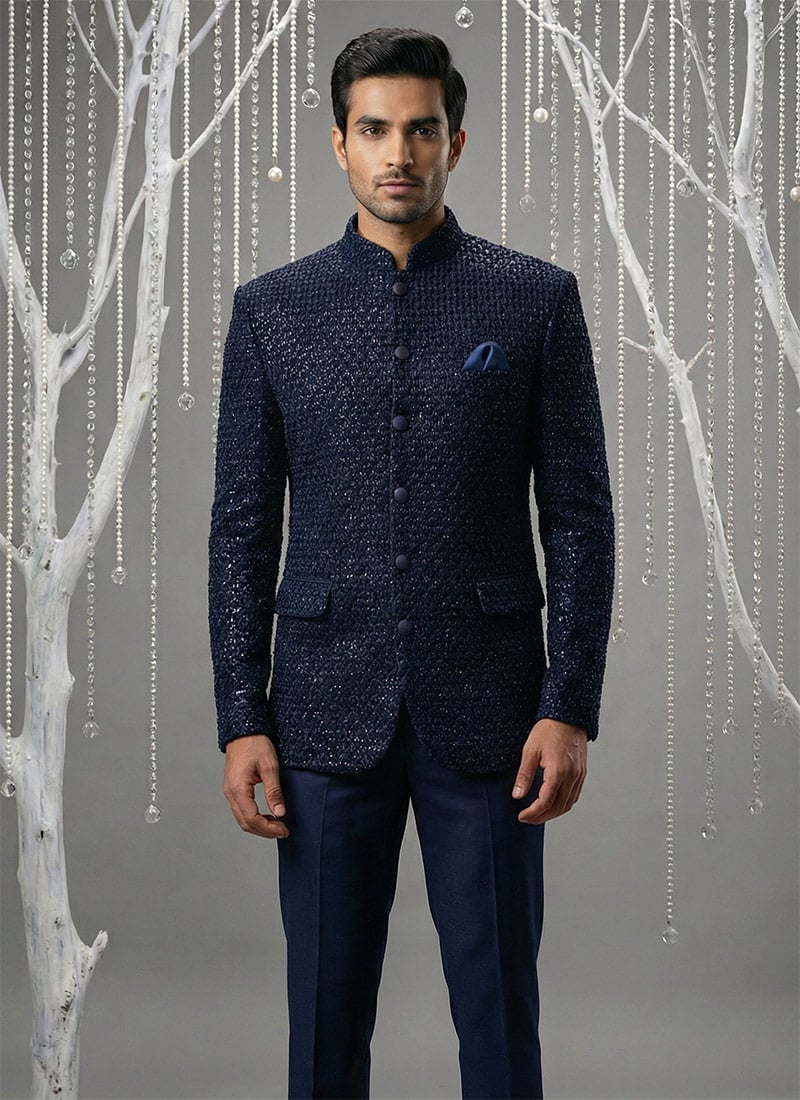 Graceful Navy Blue Velvet Sequins Embroidered Thread Bandhgala Suit Wedding Wear