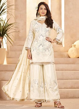 Graceful Off White Chinon Embroidered Sequins Mirror Work Palazzo Suit