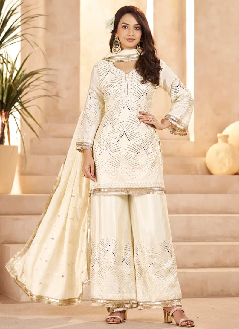 Graceful Off White Chinon Embroidered Sequins Mirror Work Palazzo Suit Festive Wear