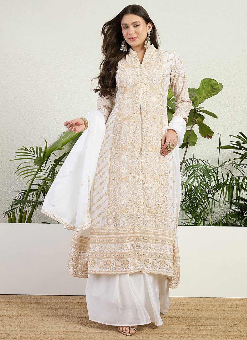 Graceful Off White Chinon Embroidered Sequins Zari Thread Palazzo Suit Festive Wear