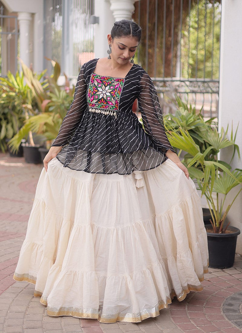 Graceful Off White Cotton Leheriya Printed Kutchi Gamthi Patch Work Indowestern Skirt Set Festive Wear