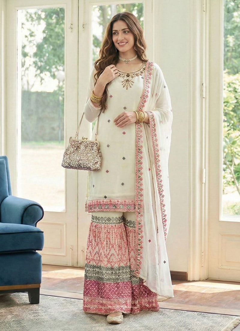 Graceful Off White Georgette Embroidered Sequins Khatli Thread Sharara Suit Festive Wear