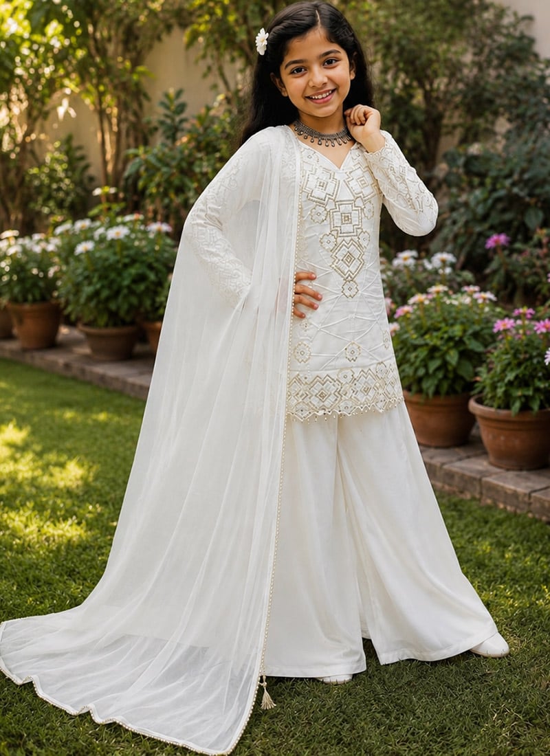 Graceful Off White Heavy  Georgette Sequence Work Kids Girls Palazzo Suit