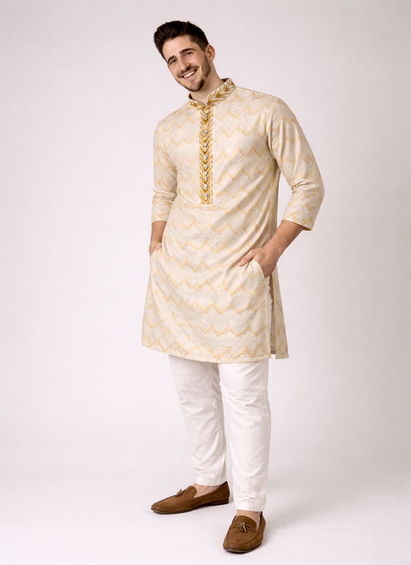 Graceful Off White Jacquard Silk Jacquard Kurta Pyjama Festive Wear