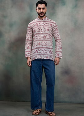 Graceful Off White Khadi Cotton Moubani Print Kurta