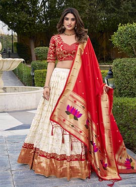 Graceful Off White Paithani Silk Zari Sequins Embroidered Woven Lace Work Umbrella Lehenga