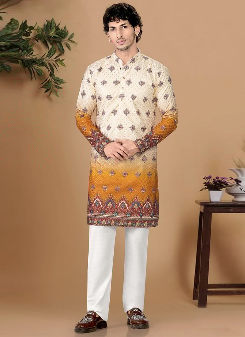 Graceful Off White Soft Cotton Sequins Embroidered Printed Kurta Pyjama Festive Wear