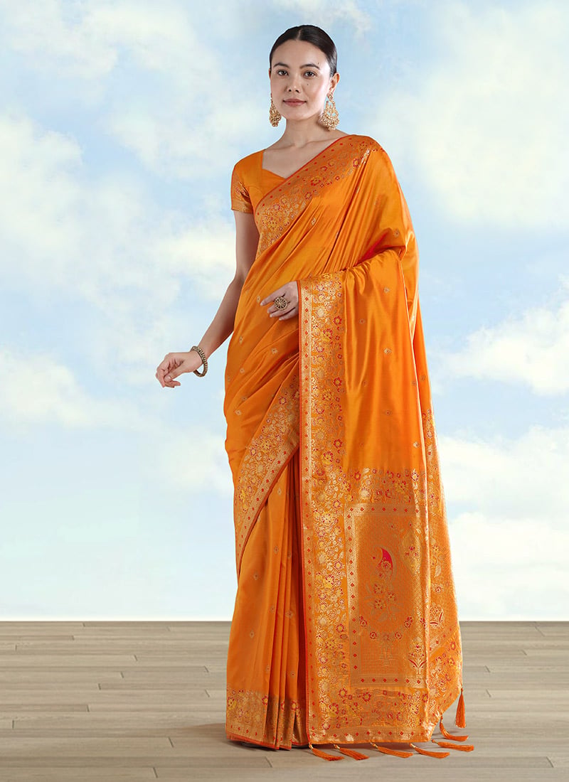 Graceful Orange Banarasi Satin Silk Zari Woven Saree Festive Wear