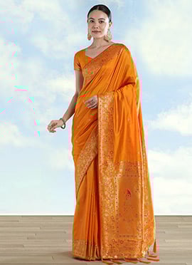 Graceful Orange Banarasi Satin Silk Zari Woven Saree