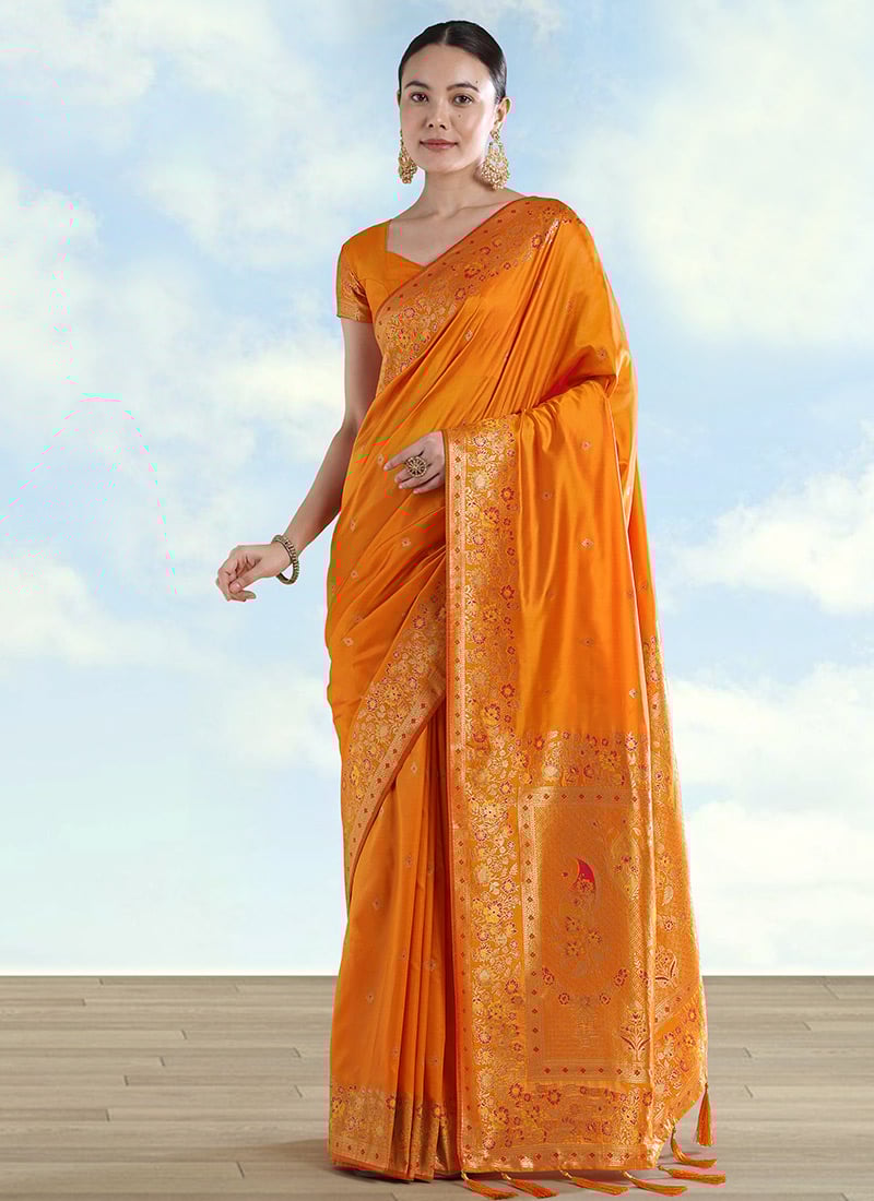 Graceful Orange Banarasi Satin Silk Zari Woven Saree Festive Wear