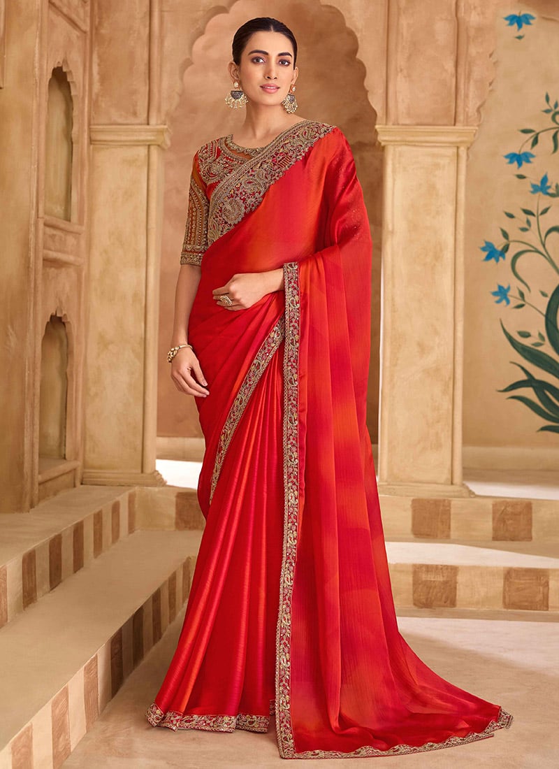 Graceful Orange Chiffon Embroidered Sequins Zari Saree Wedding Wear