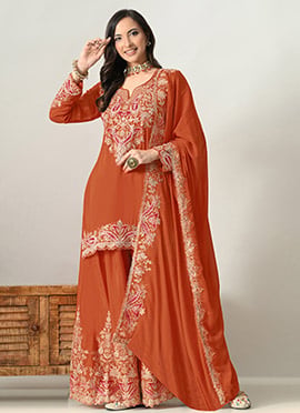 Graceful Orange Chinon Designer Embroidery Work Palazzo Suit