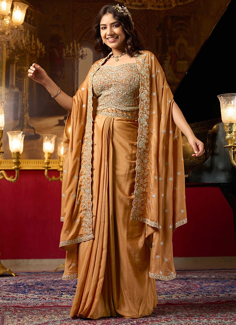 Graceful Orange Chinon Silk Sequins Mirror Work Beads Indowestern Set and Suit Wedding Wear