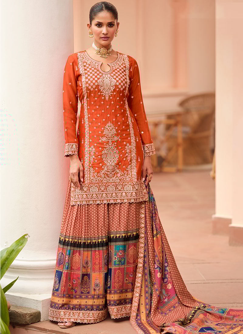 Graceful Orange Chinon Silk Zari Sequins Embroidered Palazzo Suit Festive Wear