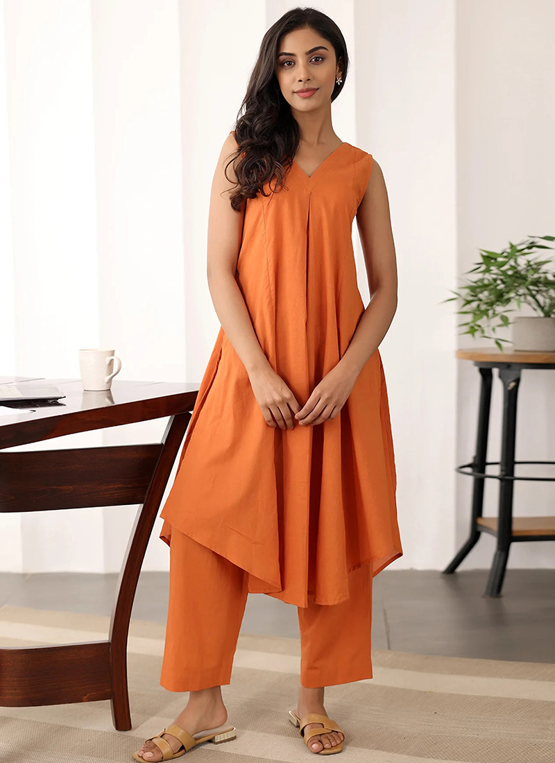 Graceful Orange Cotton Kurta Straight Pant Set After Six Wear
