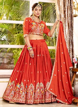 Graceful Orange Crepe Silk Heavy Embroidery Sequence Thread Work Umbrella Lehenga