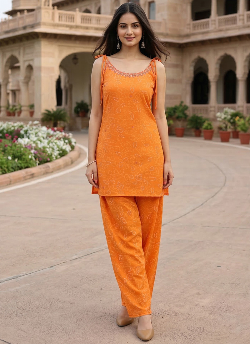 Graceful Orange Georgette Bandhini Kurta Straight Pant Set After Six Wear