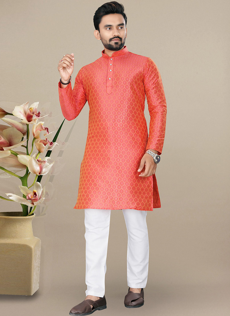 Graceful Orange Jacquard Silk Kurta Pyjama Festive Wear