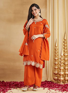 Graceful Orange Vichitra Silk Heavy Thread Embroidery Sequins Work Palazzo Suit