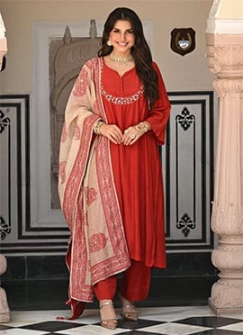 Graceful Orange Viscose Embroidery Work Straight Pant Suit