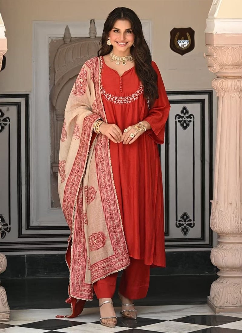 Graceful Orange Viscose Embroidery Work Straight Pant Suit After Six Wear