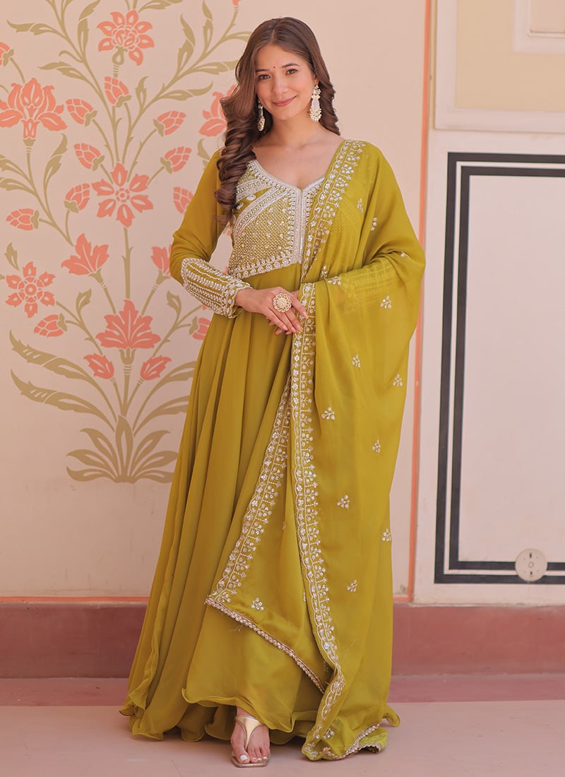 Graceful Parrot Green Georgette Embroidered Sequins Beads Anarkali Suit Festive Wear