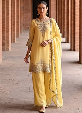 Graceful Pastel Yellow Georgette Sequins Stone Embroidery Palazzo Suit