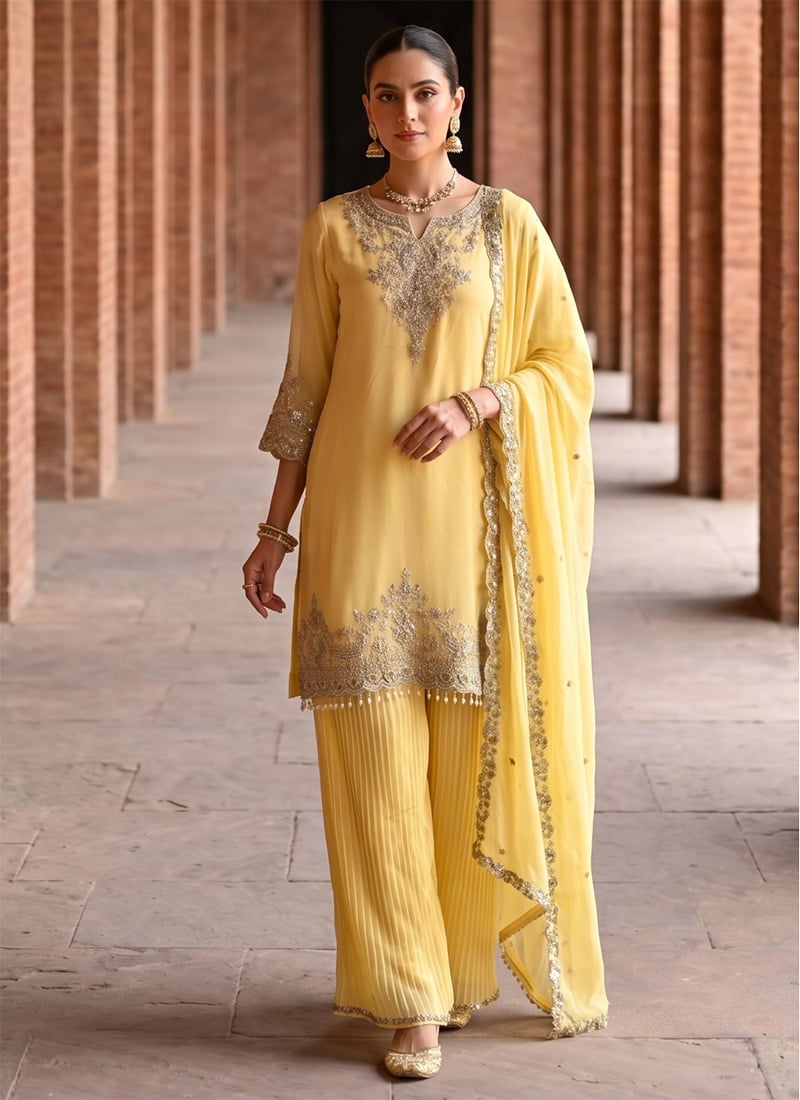 Graceful Pastel Yellow Georgette Sequins Stone Embroidery Palazzo Suit After Six Wear