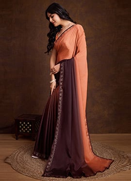 Graceful Peach & Brown Shaded Chinon Tikki Work Saree