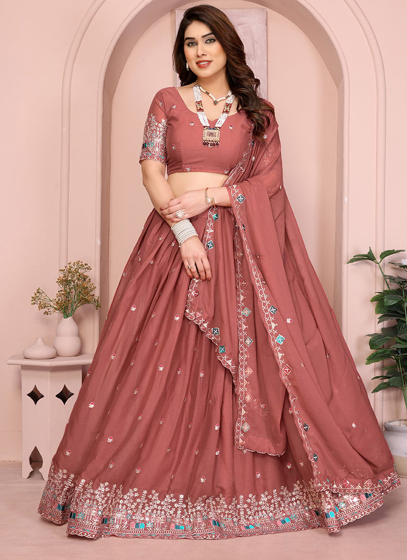 Graceful Peach Georgette Embroidered Umbrella Lehenga Festive Wear
