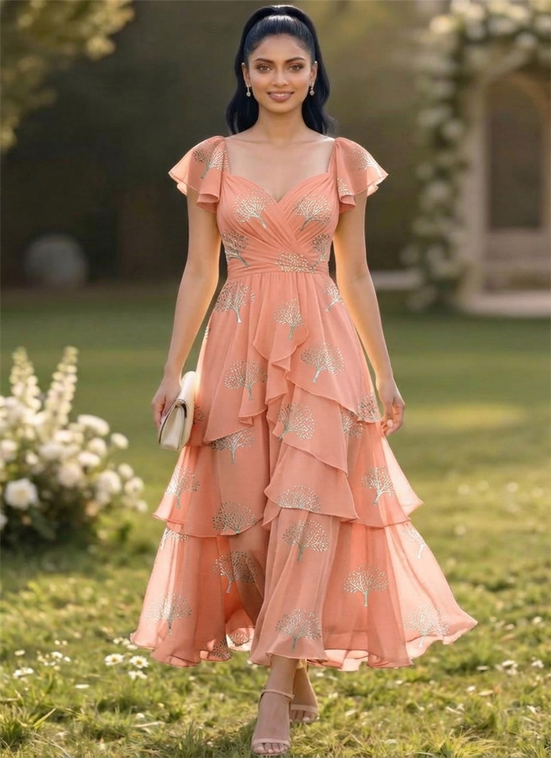 Graceful Peach Georgette Midi Dress Party Wear