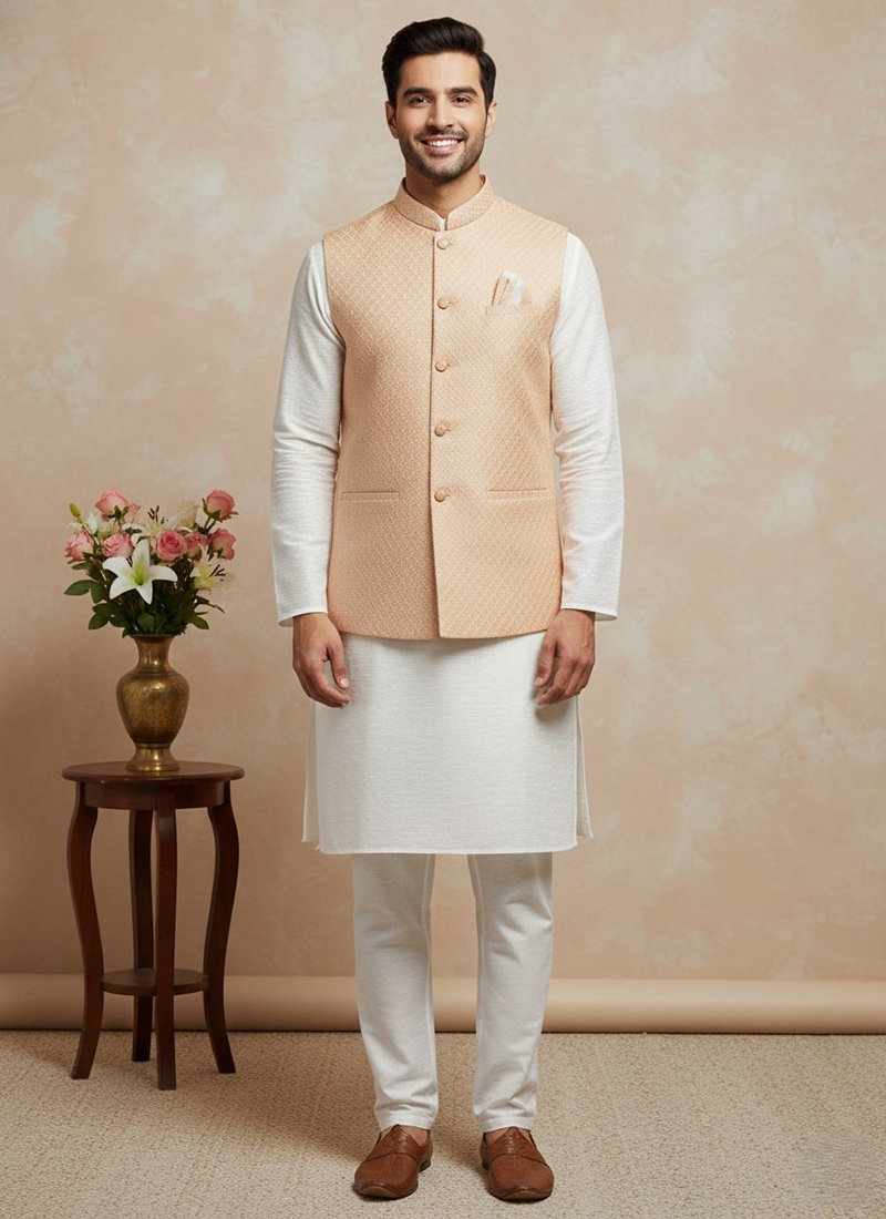 Graceful Peach Jacquard Silk Bandhgala Jacket