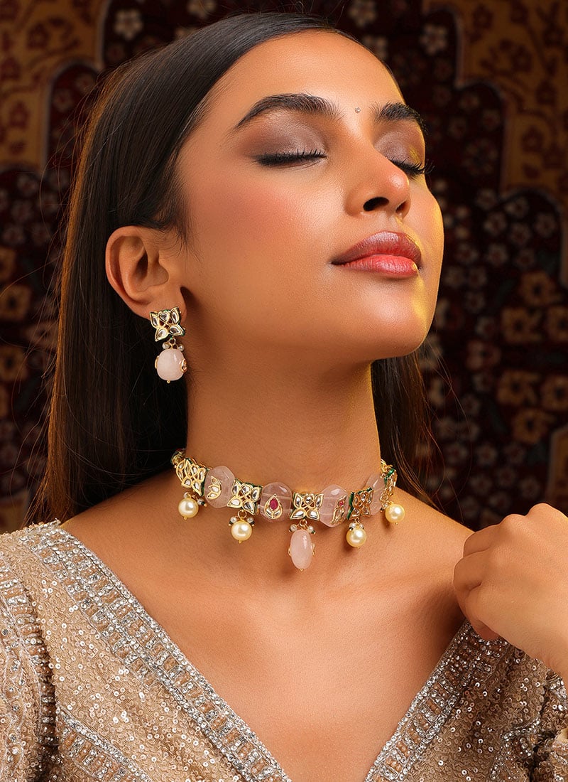Graceful Peach Kundan Pearl Choker Wedding Wear