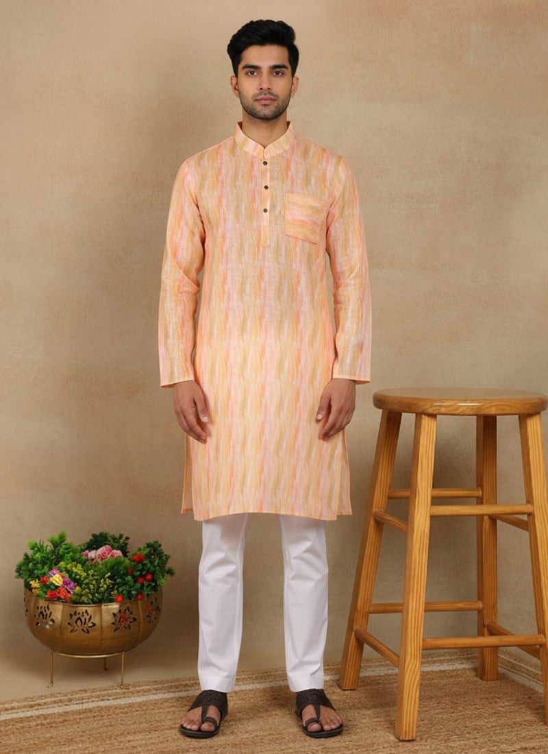 Graceful Peach Linen Printed Kurta Pyjama Festive Wear