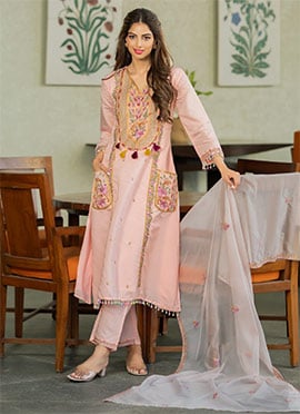 Graceful Pink Chanderi Heavy Thread Embroidery Sequins Work Salwar Suit