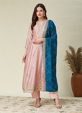 Graceful Peach Vichitra Silk Embroidered Straight Pant Suit
