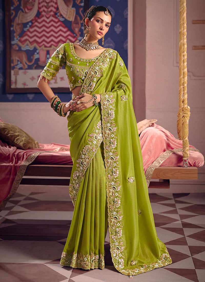 Graceful Perrot Green Viscose Tissue Silk Zari Sequins Beads Hand Embroidered Thread Cutdana Saree Wedding Wear
