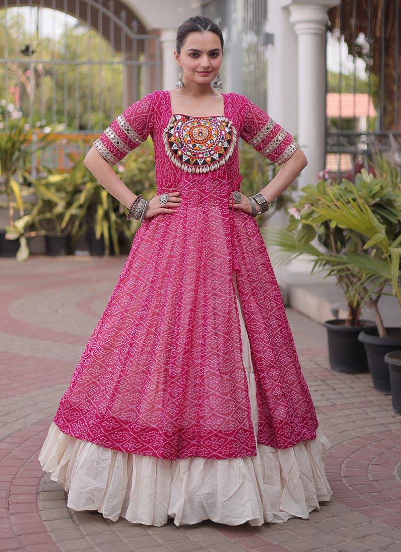 Graceful Pink Blended Cotton Gamthi Bandhani Print Indowestern Set For Garba Night Festive Wear