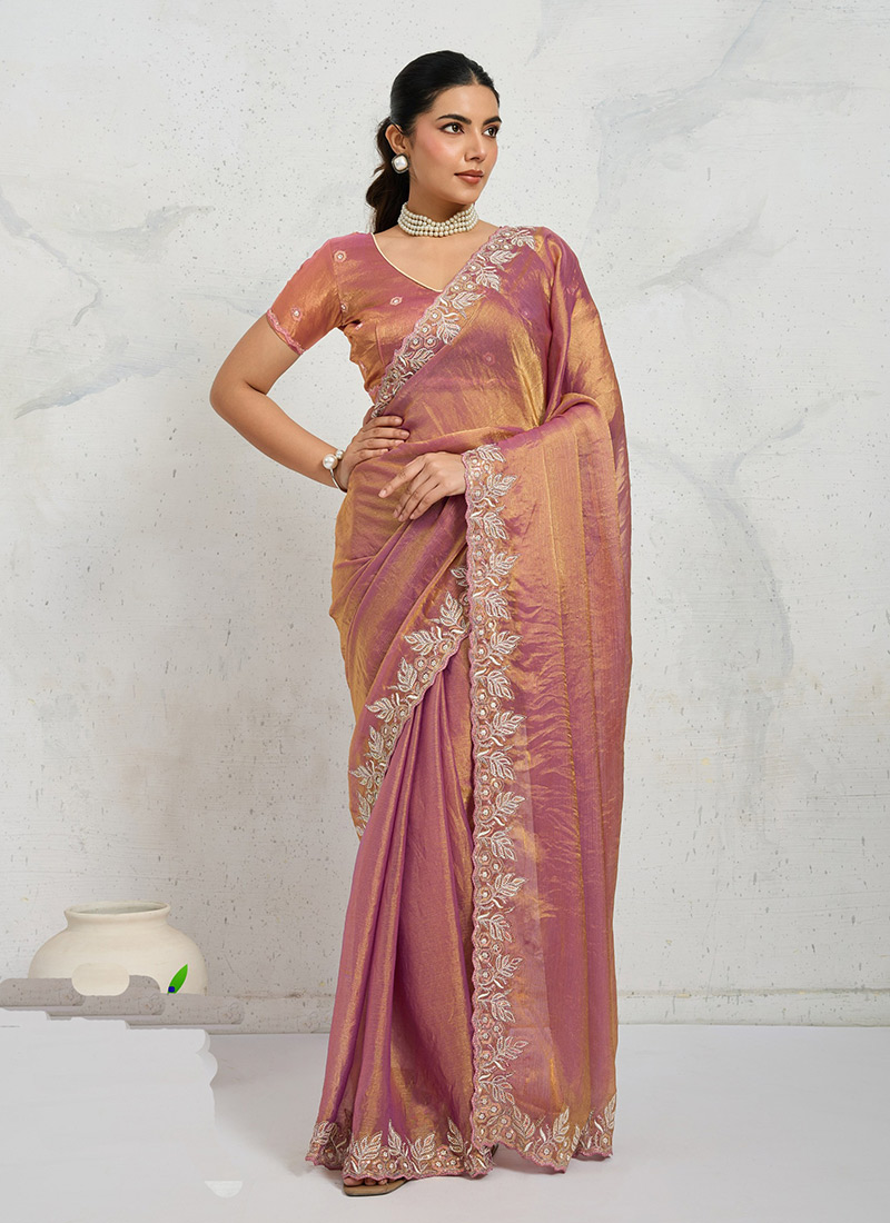 Graceful Pink Chiffon Velvet Zari Embroidered Sequins Thread Saree Festive Wear