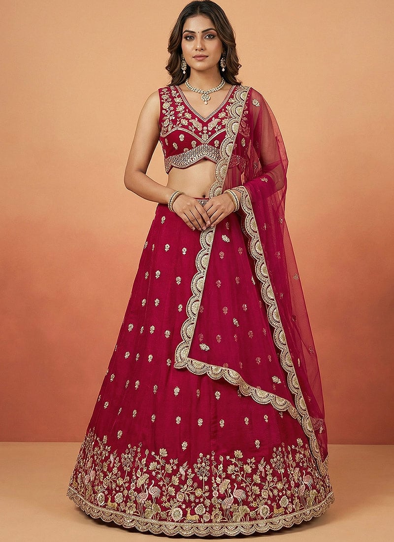 Graceful Pink Chinnon Silk Embroidered Umbrella Lehenga Wedding Wear