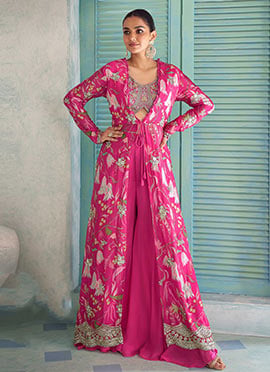 Graceful Pink Chinon Embroidered Indowestern Set