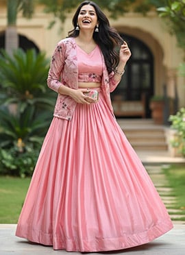 Graceful Pink Chinon Embroidered Printed Indowestern Set and Suit