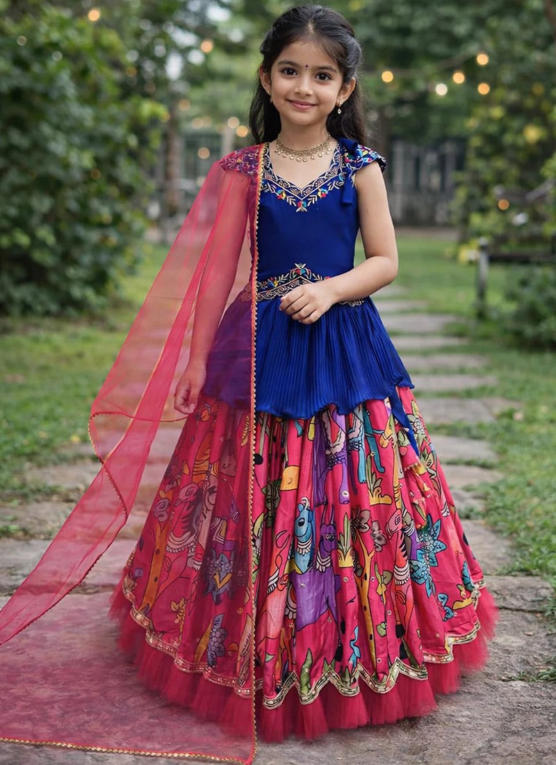 Graceful Pink Chinon Embroidery Sequence Work With Soft Printed Work Kids Girls Umbrella Lehenga