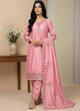 Graceful Pink Chinon Silk Embroidered Sequins Straight Pant Suit
