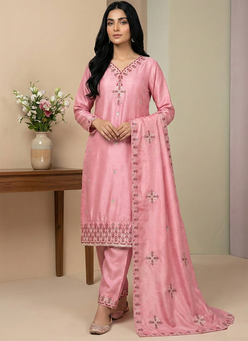 Graceful Pink Chinon Silk Embroidered Sequins Straight Pant Suit Festive Wear