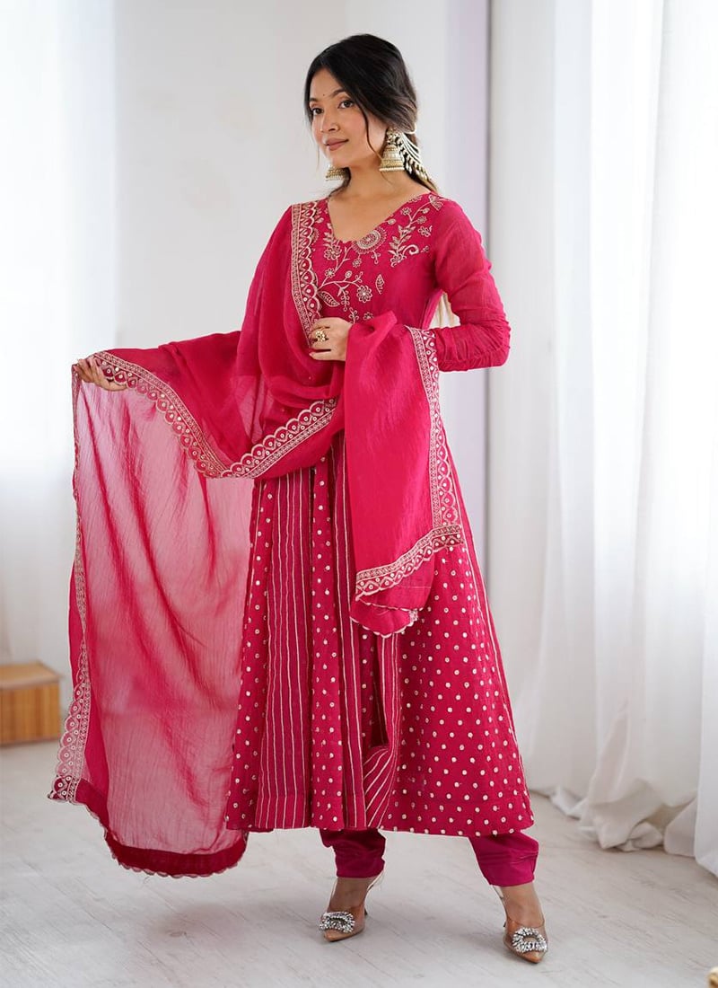 Graceful Pink Crunchy Silk Embroidered Sequins Anarkali Suit Festive Wear