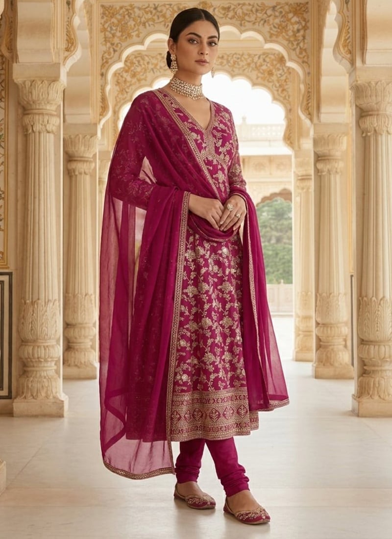 Graceful Pink Dola Silk Jacquard Sequins Anarkali Suit Festive Wear