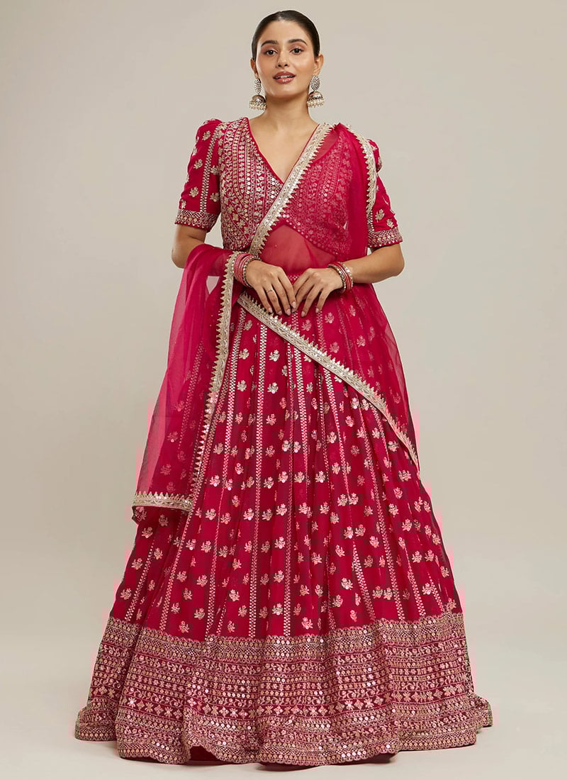 Graceful Pink Faux Georgette Sequins Zari Embroidered Umbrella Lehenga Wedding Wear