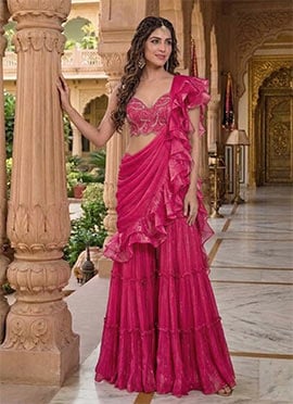 Graceful Pink Fendy Silk Beads Hand Embroidered Sharara Style Saree